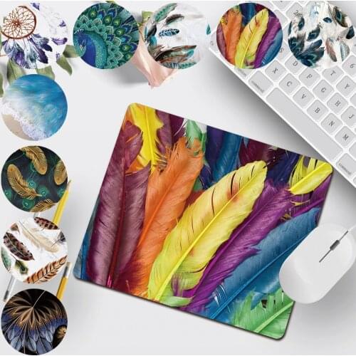 PU Leather Waterproof Mousepad Non-slip Gaming Mouse Pad Feather Pattern Print Series Office Computer Mouse Mat Small 25x21cm