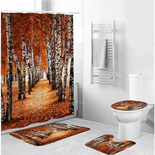 Autumn Fallen Leaves Forest Durable Fabric Shower Curtains Bathroom Curtain Anti-skid Rugs Toilet Lid Cover Bath Mat Home Decor