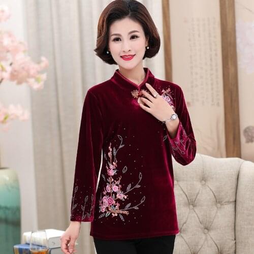 Womens embroidery gold velvet clothes elegant middle age mother embroidery blouse tops free shipping