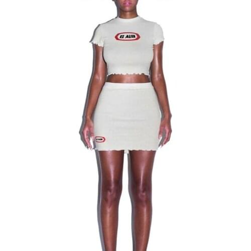 Women Sexy Two Piece Outfit Set Letters Printed Short Sleeve Crop Top High Waisted Mini Bodycon Skirt Ruffles Clubwear