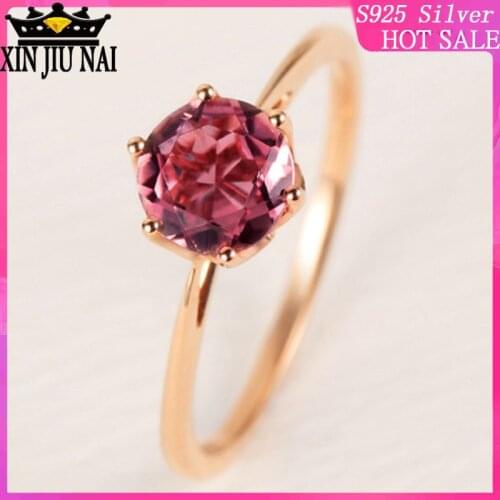 925 sterling silver Rose gold single diamond inlaid round candy light luxury six-claw elegant pomegranate ruby womens ring