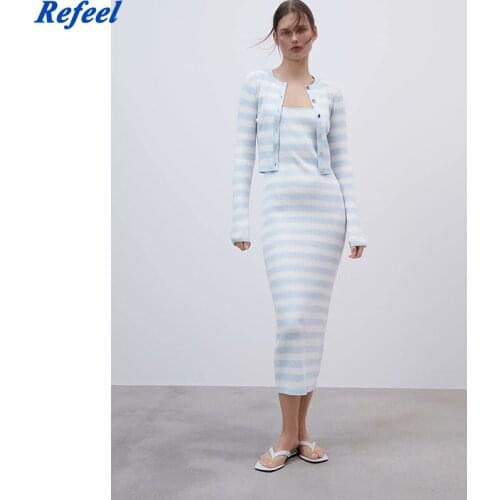 ZA summer new style womens temperament sling striped knitted slim long dress elegant elastic midi dress