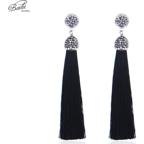 Badu Vintage Tassel Earring Women Black Fringes Long Tassel Earrings Dangle Drop Boho Fashion Crystal Ethnic Jewelry Wholesale