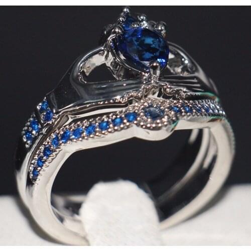 Big promotion Fashion Claddagh Jewelry 10KT White Gold Filled Heart Shape Blue 5A CZ Zirconia Women Wedding Bridal Couple Ring