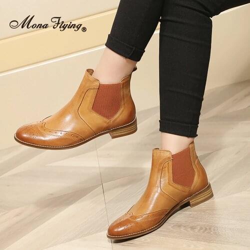 Mona Flying Women Leather Classic Slip On Chelsea Boots Hand Made Elegant Ankle Oxford Booties with Low Heels 2020 New 068-31