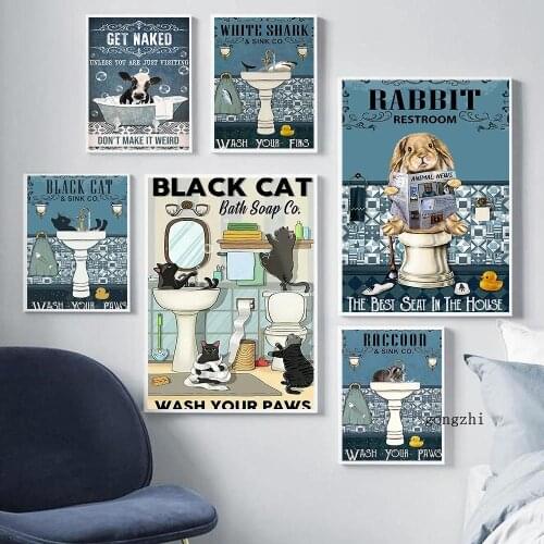Black Cat Shark Rabbit Raccoon Get Naked Wash Your Paws Poster and Prints Funny Bathroom Wall Art Canvas Painting Restroom Decor