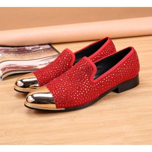 Christia Bella British Style Plus Size Golden Pointed Toe Man Flats Shoes Men Red Crystals Suede Leather Shoes Man Slip on Shoes