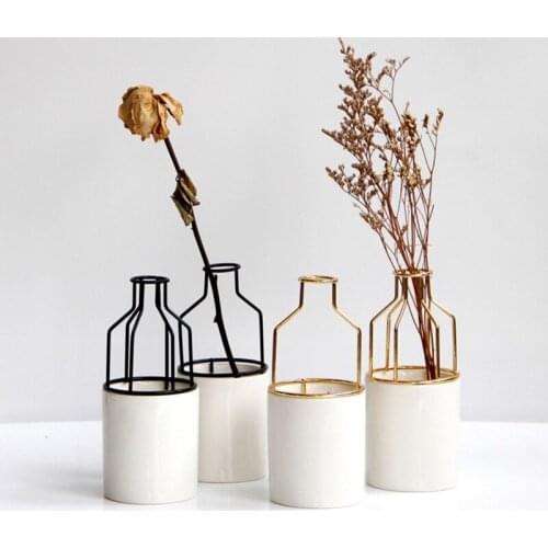 Nordic Minimalist Wrought Iron Ceramic Hydroponic Vases Modern Light Luxury Dried Flower Arrangement Desktop Home Decoration