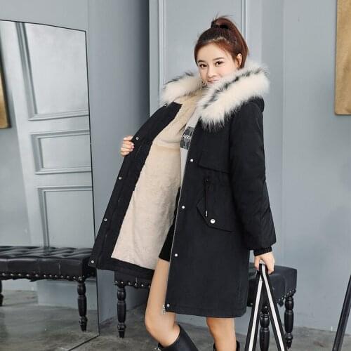 Nice Winter Wool Liner Long Coats And Jackets Women Hooded Plus Size Slim Solid With Fur Collar Thick Casual Long Parka Woman