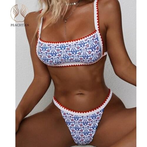 Peachtan Bandeau swimwear female print bikini 2021 High cut swimsuit women High cut bathing suit Sports 2 pieces set biquini new