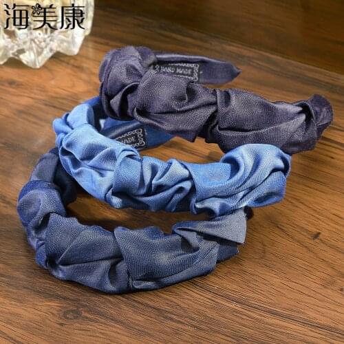 Haimeikang Fashion Blue Pleated Hairband For Women Hair Accessories Headband Elastic Hair Band Simple Hair HoopTurban For Adult