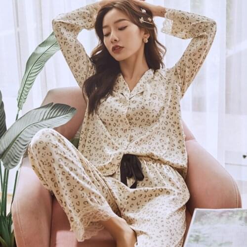 Print Fashion Women Pajama Set Sweet Lace Cuff Trousers Long Sleeve Suit Leopard Spots Pyjamas