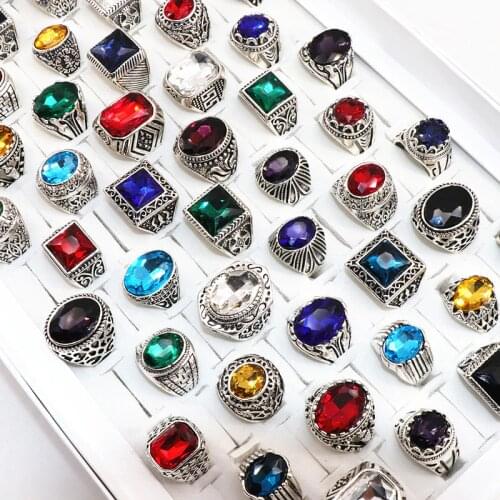 Wholesale 20pcs/Lots Vintage Glass Carved flowers Rings Mix Style Antique Silver Jewelry Rings For Men Women Wedding Gifts Rings