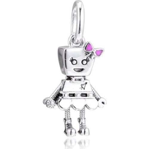 Pink Enamel Bow Robot Girl Silver 925 Charms for Jewelry Making Floating Pendant For Charms Bracelets Women Silver 925 Jewelry
