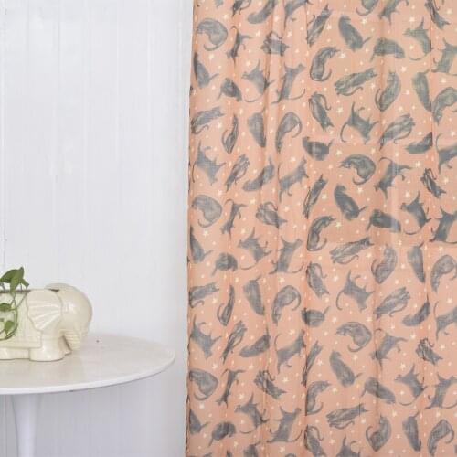 FMH Sheer Curtain Panels for Living room Bedroom French Window Faux Linen Drapery Tulle Printed Cat in Silver Grommets