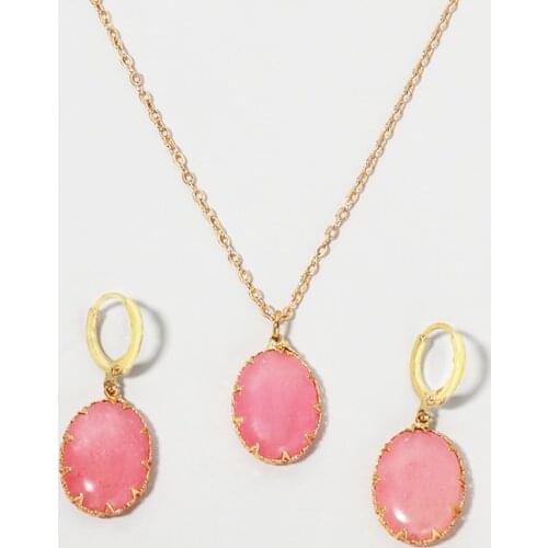 KOMI Oval Shaped Pink Stone Chain Necklace Pendant Hoop Earrings Jewelry Set conjunto de joyas For Woman Girl Gift K6365