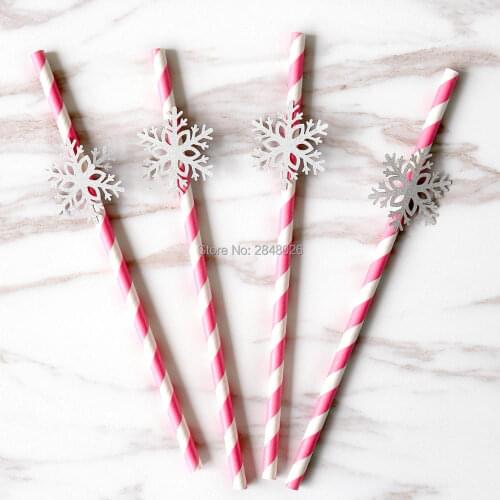Snowflake paper Straws- pink and silver party Decorations-winter onederland party, first birthday deco