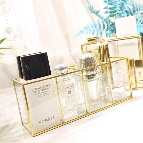 Cosmetics Storage Box Desktop Decoration 4 Pen Holder Storage Box Glass Copper Strip Mask Storage Box Gift