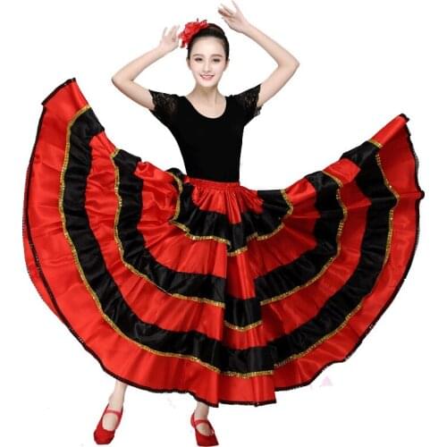 Adult Kids Gypsy Girls Women Spanish Flamenco Skirt Striped Satin Silk Big Swing Belly Dancing Red Skirt Team Performance
