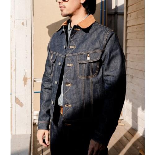 LEE-0003 US Big Size Super Quality 14 Oz Cotton Indigo Fabric Wool Lining Casual Stylish Unwashed Storm Rider Raw Denim Jacket
