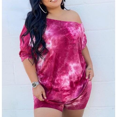 Plus Size Women Fashion 2-piece Outfit Set Tie-dye Tops High Waist Shorts Set Tracksuit Clothes Suit for Ladies Female Summer