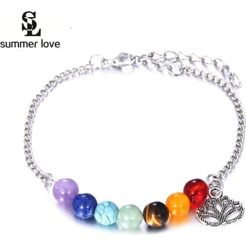 2020 Lotus Charm OM 7 Chakra Beads Bracelets Anklet For Women Silver Color Link Chain Pray Yoga Bracelet Foot Jewelry