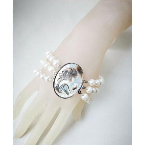 3 strands 8-9mm white freshwater pearl necklace bracelet set cameo clasp