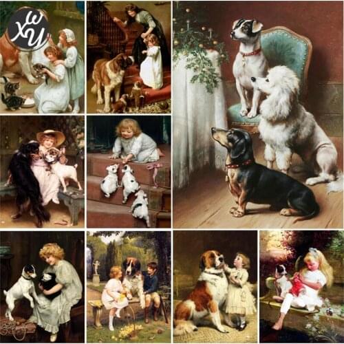 Diy Diamond Painting Rhinestones Embroidery Children with Dog Round Square Cross Stitch Full Drill Mosaic Picture of Rhinestones