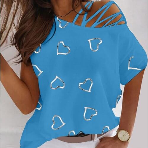 Bandage Strap Heart Printing T Shirt Women Open One Shoulder Woman T-Shirts Skew Neck Casual Summer Tops Female Streetwear