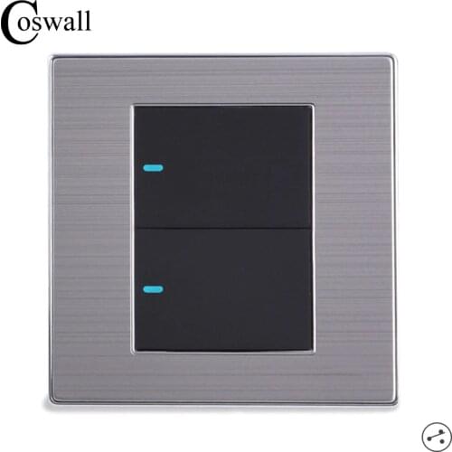 Coswall 2 Gang 2 Way Luxury LED Light Switch On / Off Wall Switch Interruptor Brushed Silver Panel 10A AC 110~250V