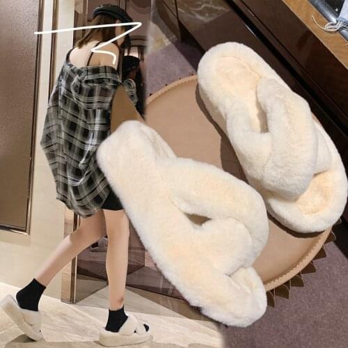 House Slippers Platform Room Shoes Flock Fur Flip Flops Winter Footwear Luxury Slides Shose Women Low Pantofle Massage Plush