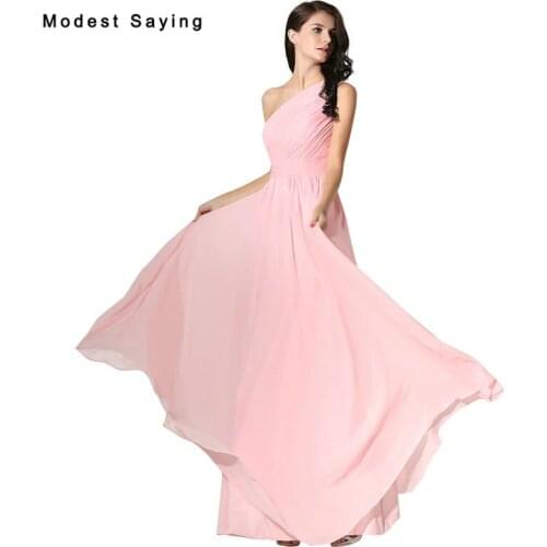 Elegant Pink A-Line One Shoulder Pleated Bridesmaid Dresses 2017 Zipper Up Formal Girls Long Maid of Honor Party Prom Gowns B005