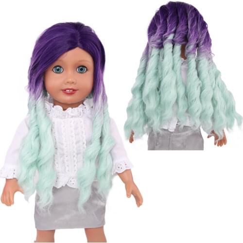 MUZIWIG 18 inch American Doll Wigs DIY Doll Accessories Gradient Purple Blue Long Curly Hair High Resistant Wavy Wig For Doll