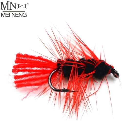 MNFT 10PCS 6# Wooly Worm Fly Trout Fishing Bug Woolly Worms Black Red Fly Fishing Lures Baits Bass Flies