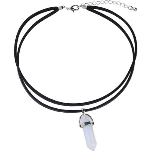 Multilayer Choker Nacklace Bullet Opal Natural Stone Pendant Black Leather Chain Nacklace Jewelry for Women Hot Sale L0401