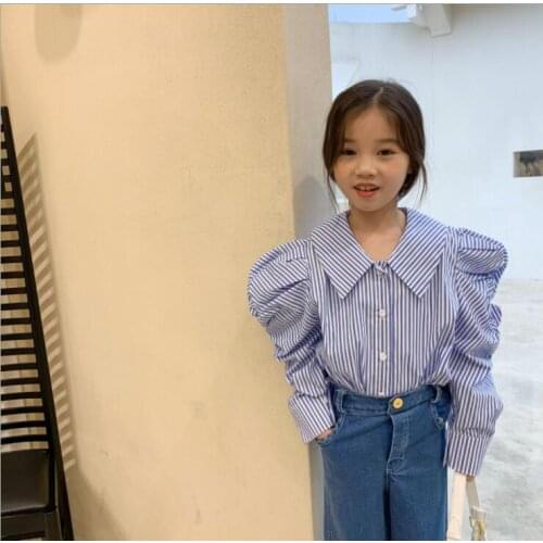 2021 New Stlye Girls Striped Shirt Spring Cotton Puff sleeve Fashion Girls Blouse 2-7 year QM183