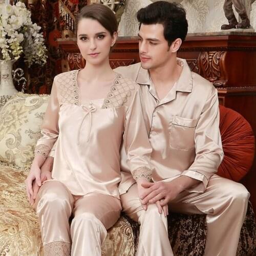 New Embroidered Superstar Silk Pajamas Couples Long Sleeve Silk Suit 2pcs Homewear Adult Satin Couple Pajama Plus Size B-5841