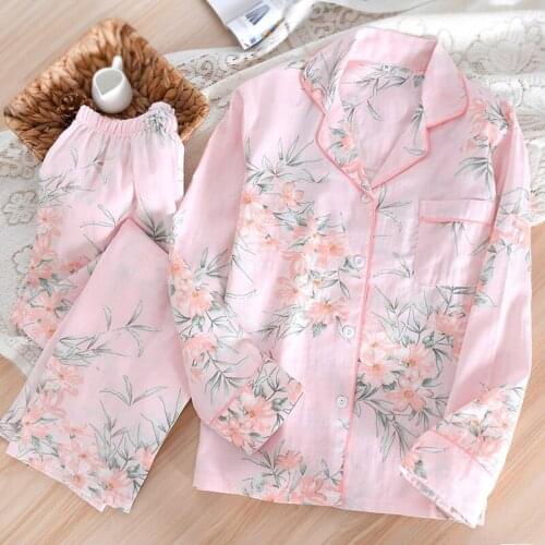 New Spring Cotton Double-layer Gauze Plus Size Womens Pajamas Suit, Thin Lapel Long-sleeved Trousers, Rich Flower Home Service