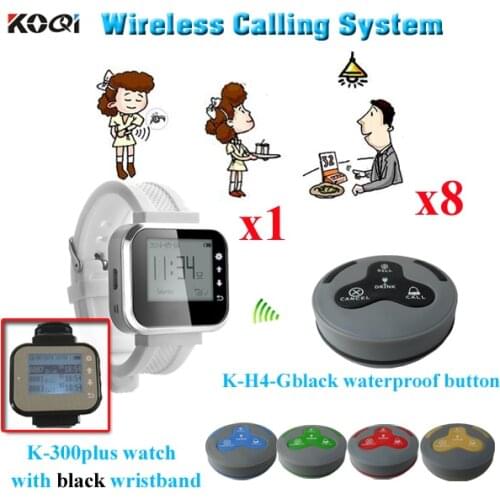 Pager Waiter Call System Transmitted Distance 300m in the open area Restaurant Service Equipment( 1pcs watch + 8pcs buzzer bell)