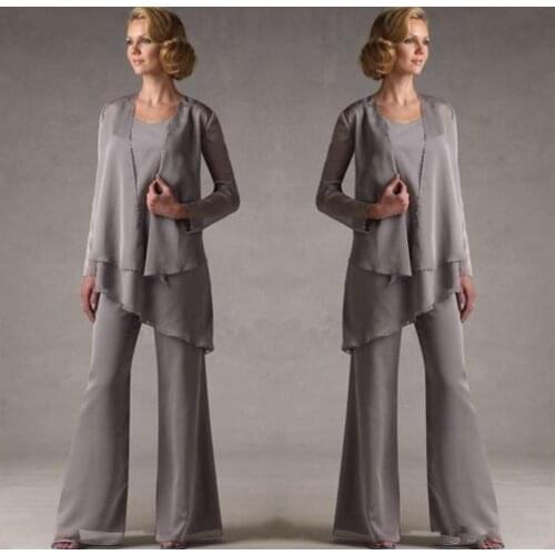 Mother Of The bride dresses 2019 Grey Chiffon Bridal Mother Bride Pant Suits With Jacket Women Evening Pant Suits Robe De Mere