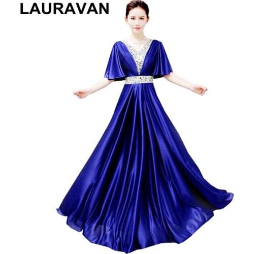Long capped sleeve blue bride maid dresses plus size formal princess a-line v neck satin beading red bridesmaid dress for ladies