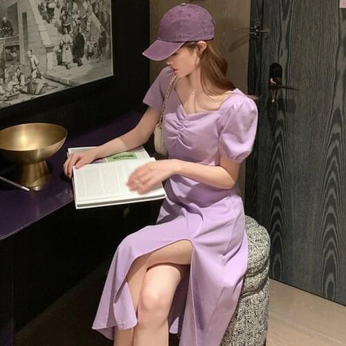 Lilac Midi Dress Elegant Summer 2020 Side Split Dress Ladies Short Sleeve Slim A-line Dress Plus Size Dresses For Women XXL 4XL