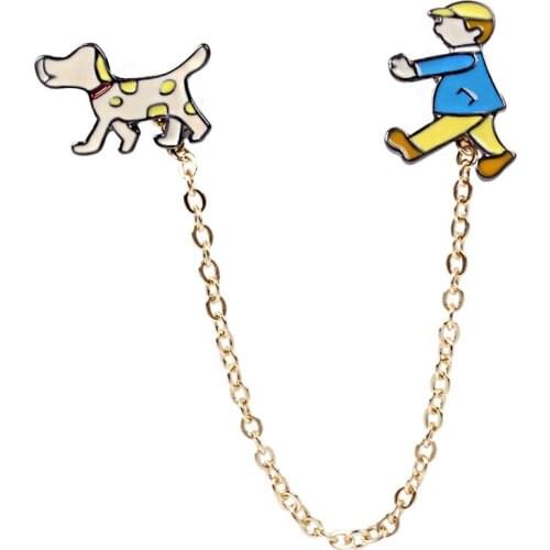 Daisies Lovely Cartoon Boy Walk The Dog Cute Metal Chain Brooch Button Pins Gift for Men&women