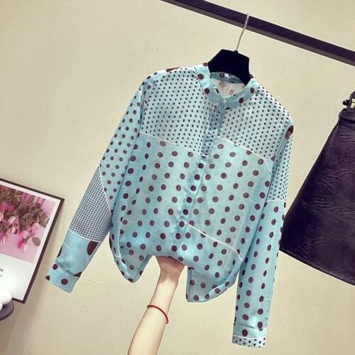 Dots Chiffon Tops Korean All-Match Stand-Up Collar Long Sleeve Shirts Autumn Women Blouses Asymmetry Blusas MM1151