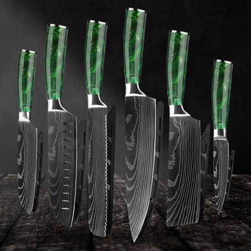 SNOWY Chef knife 1-6PCS Kitchen Knives Laser Damascus Pattern Sharp Japanese Santoku Knife Cleaver Slicing Utility Knife