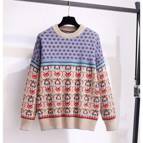 Urifens 2021 Fall Winter Cute Sweater Womens Retro Printed Student Pullover Lazy Long Sleeve O Neck Knit Sweater CS4752