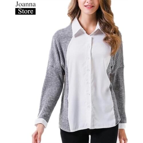 Spring New Knitted Stitching Short Shirts Women Lapel Button Long Sleeve Slim Blouse White Plus Size Ladies Casual Wild Clothes