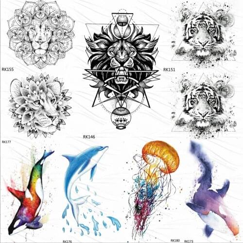 OMMGO Triangle Lion Henna Tiger Temporary Tattoos Sticker Watercolor Whale Dolphin Tatoo Decals For Men Women Body Art Tattoos