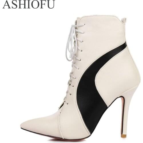 ASHIOFU Handmade New Style Womens High Heel Boots Cross-shoelace Party Prom Ankle Boots Fashion Classic Evening Boots Shoes