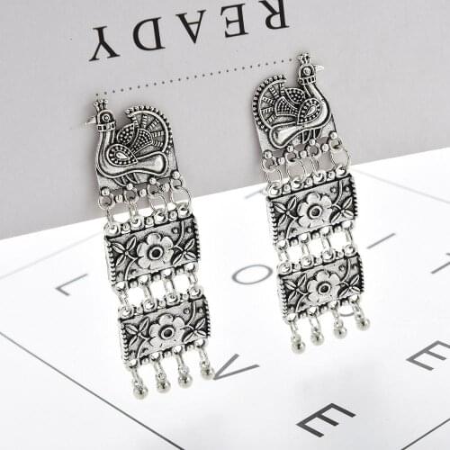 Womens Vintage Silver Color Peacock Flower Earrings 2020 Indian Jewelry Tassel Beads Earrings Orecchini Etnici